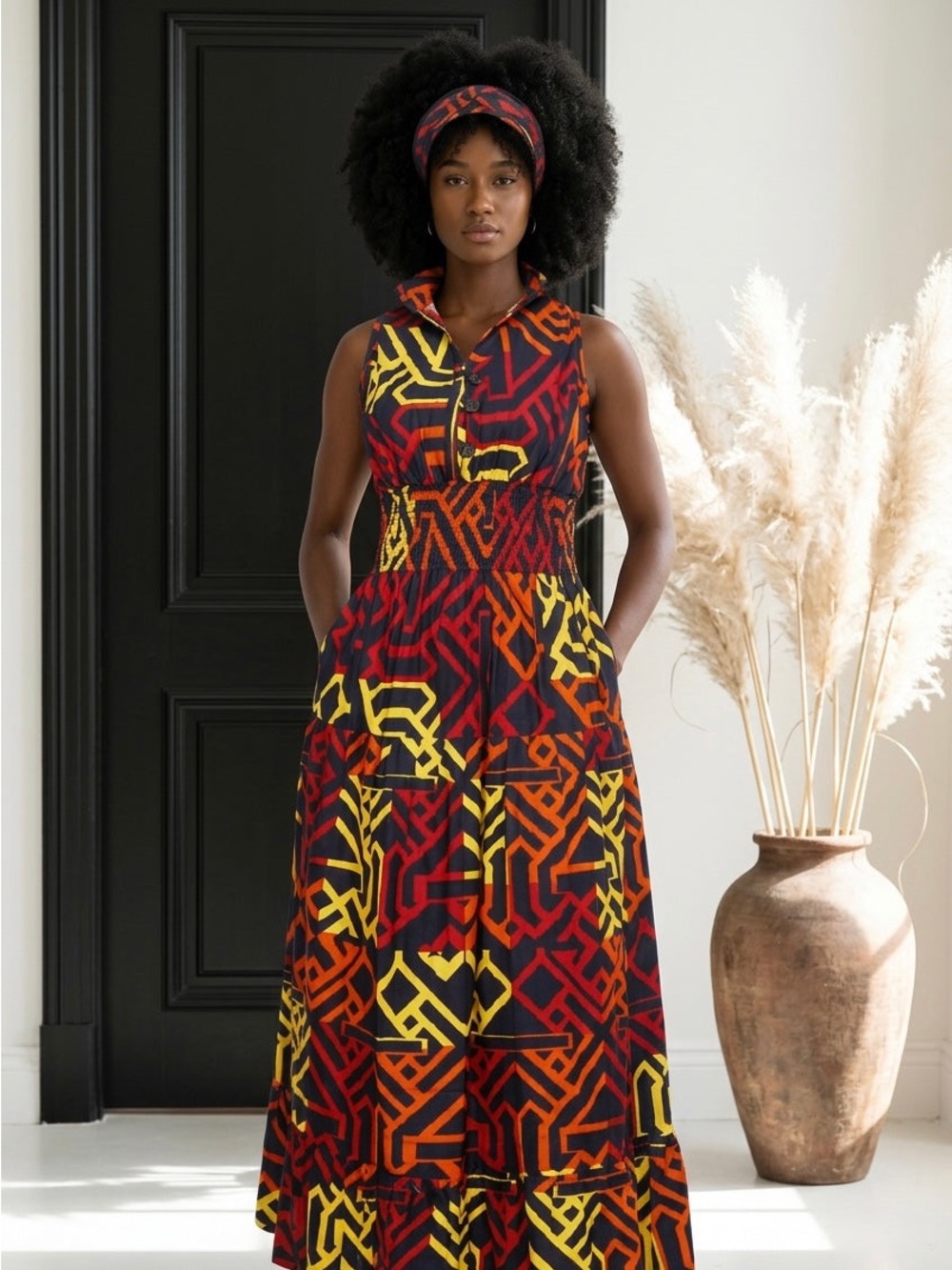 Sleeveless Maxi Dress Bold Red, Yellow & Orange Geometric Print & Head Wrap